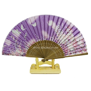 Fächer Handfächer aus Bambus & Leinen braun lila violett weiß Blumen Schmetterlinge Handarbeit 6713
